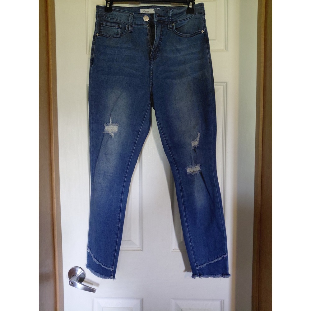 Royalty High Rise Skinny Jeans Womens 6 Blue Distressed Frayed Step Hem Denim